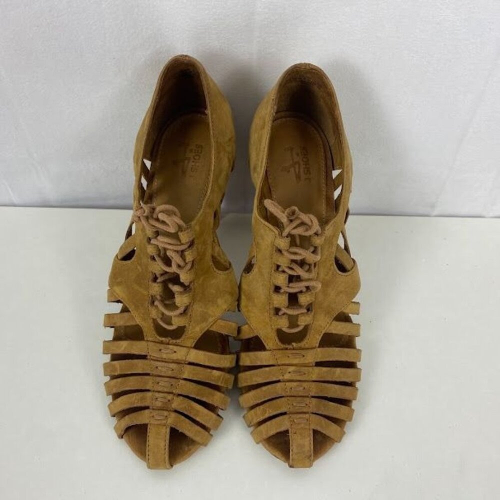 J Shoes Heels Fisherman Style Tie front Camel Color‎ Women's 40 or 9.5.
